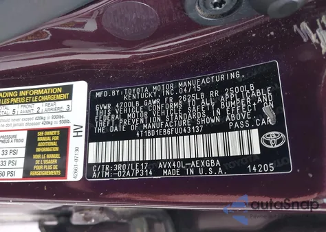 2015 Toyota Avalon Hybrid Xle Touring из США, поврежденный, VIN 4T1BD1EB6FU043137